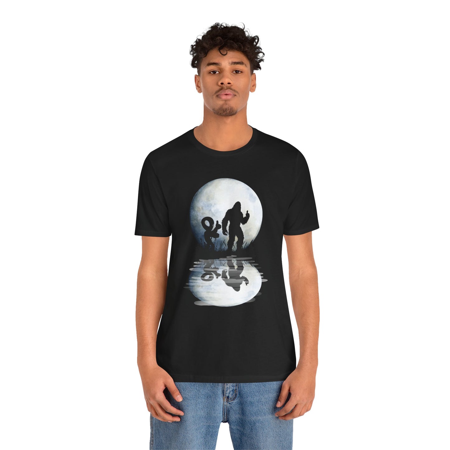 Mysterious Bigfoot Alien Moonlight Tee - Unisex Jersey Short Sleeve T-Shirt, Bigfoot Shirt, Camping Apparel, Outdoor T-Shirt, Gift for Nature Lovers