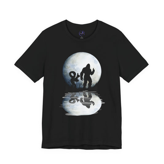 Mysterious Bigfoot Alien Moonlight Tee - Unisex Jersey Short Sleeve T-Shirt, Bigfoot Shirt, Camping Apparel, Outdoor T-Shirt, Gift for Nature Lovers