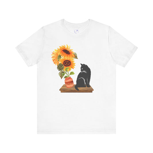Black Cat and Sunflower Tee, Casual Floral T-Shirt, Gift for Cat Lovers, Summer Style, Cute Outfit