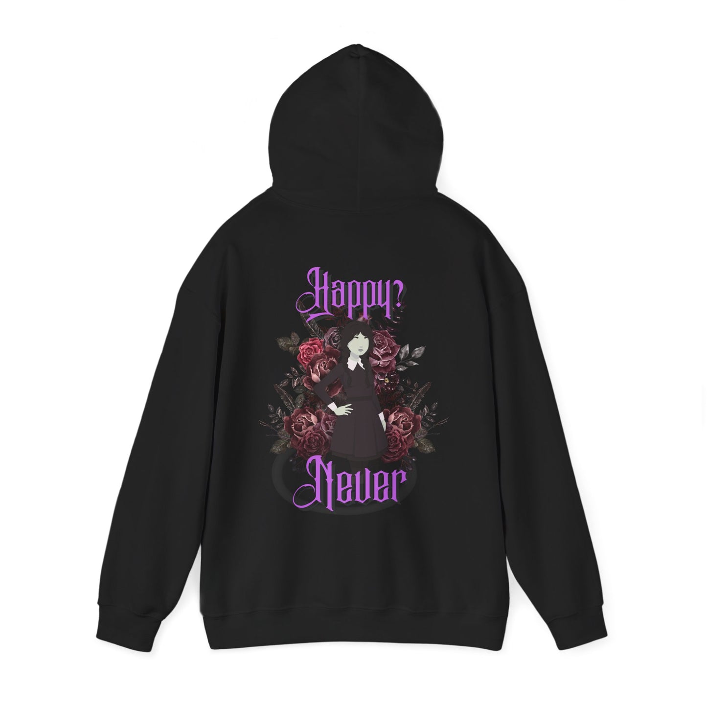 "Happy? Never" Unisex Heavy Blend Hooded Sweatshirt