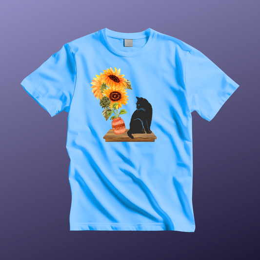 Black Cat and Sunflower Tee, Casual Floral T-Shirt, Gift for Cat Lovers, Summer Style, Cute Outfit