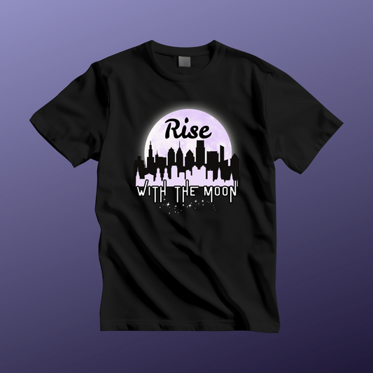 Rise with the Moon Unisex Tee, City Skyline Graphic Tee, Night Lovers T-Shirt, Gift for Dreamers, Casual Wear, Moon Phase Shirt