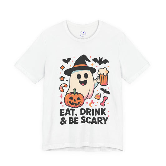 'Eat, Drink and Be Scary' Ghost Vibing Unisex T-Shirt - Funny Halloween Cute Apparel