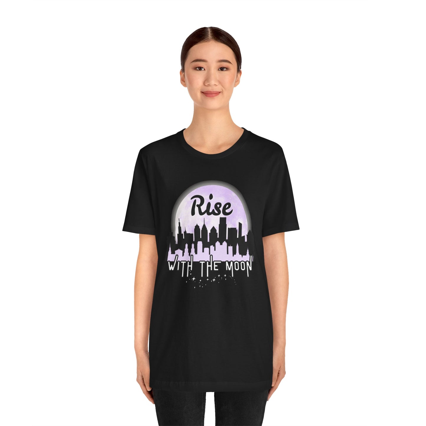 Rise with the Moon Unisex Tee, City Skyline Graphic Tee, Night Lovers T-Shirt, Gift for Dreamers, Casual Wear, Moon Phase Shirt