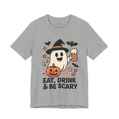'Eat, Drink and Be Scary' Ghost Vibing Unisex T-Shirt - Funny Halloween Cute Apparel
