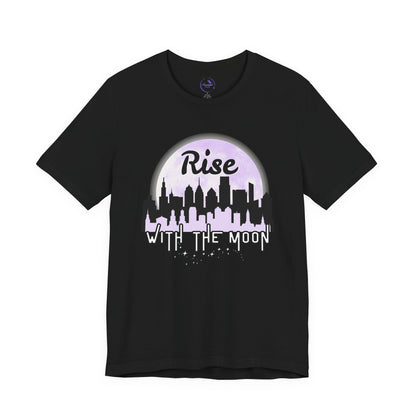 Rise with the Moon Unisex Tee, City Skyline Graphic Tee, Night Lovers T-Shirt, Gift for Dreamers, Casual Wear, Moon Phase Shirt