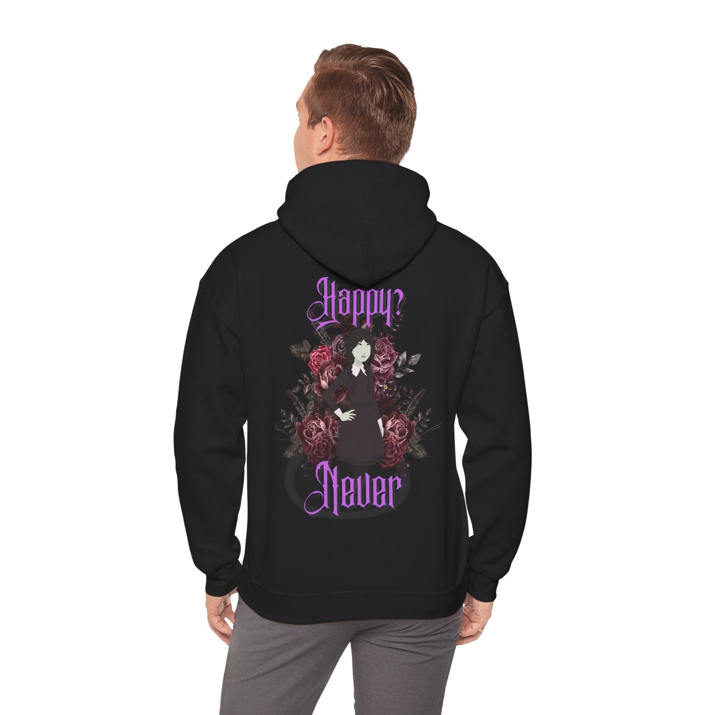 "Happy? Never" Unisex Heavy Blend Hooded Sweatshirt